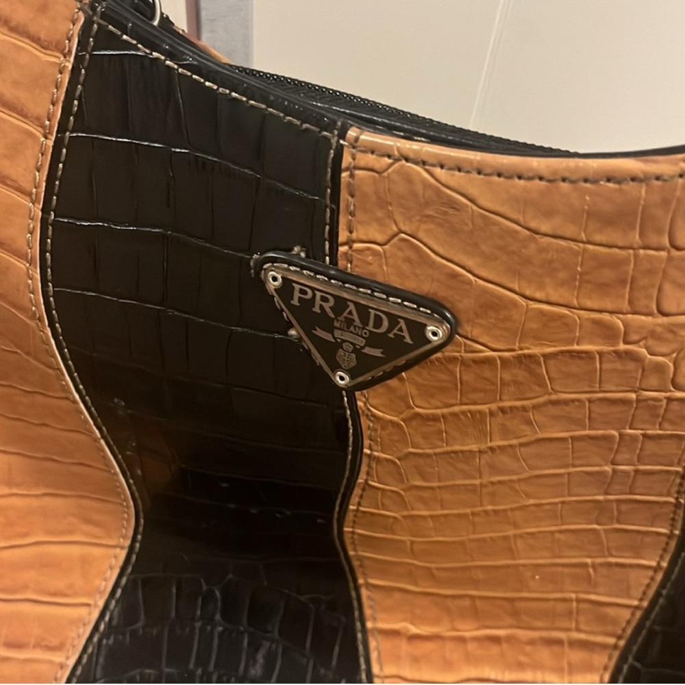 Authentic Prada Black and Tan Croc-Pattern Shoulder Bag - Picture 3 of 10